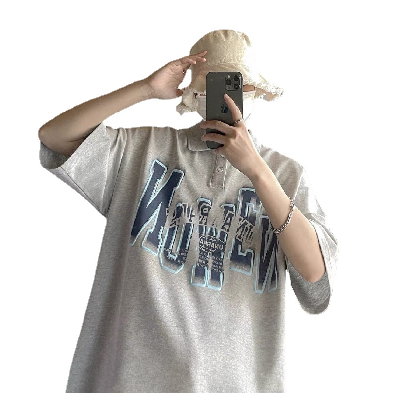 Áo Thun POLO Tay Ngắn Dáng Rộng Thoáng Khí In Chữ Phong Cách hip hop Đường Phố Hàn Quốc Thời Trang Mùa Hè Cho Nam