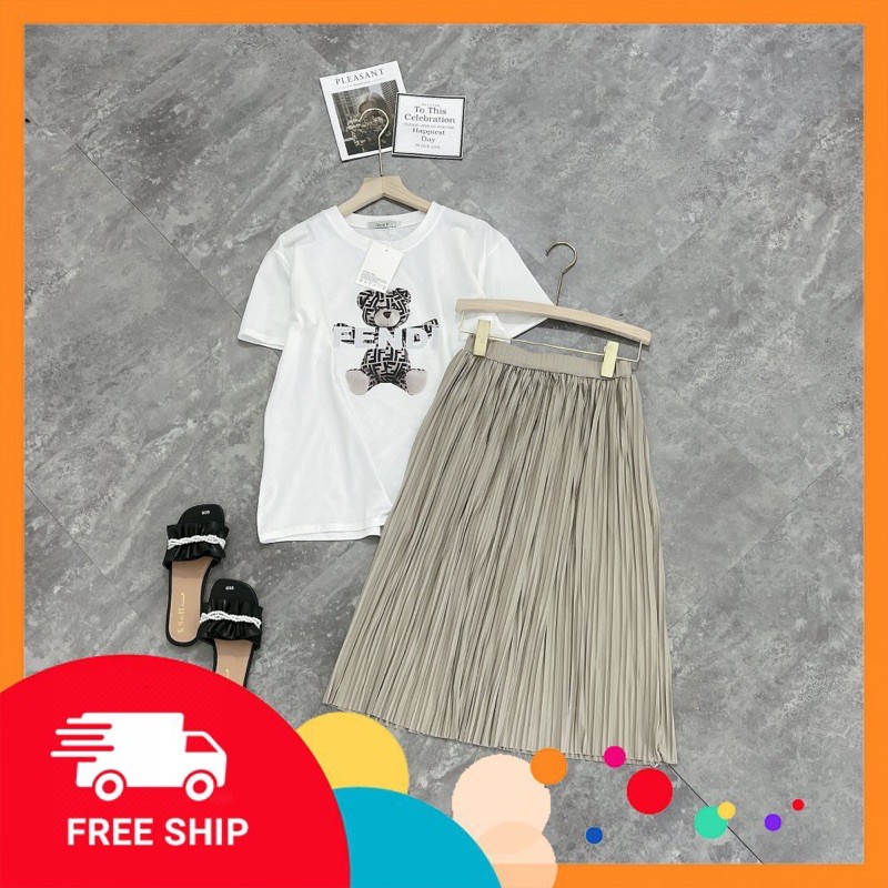 Sét Áo Phông Gấu Thụng Fendy Mix Chân Váy Dập Ly Dài   [ 𝐅𝐑𝐄𝐄 𝐒𝐇𝐈𝐏 ]  Chất Cotton Tàu Mịn 4c Cv Lụa hàn Hàng