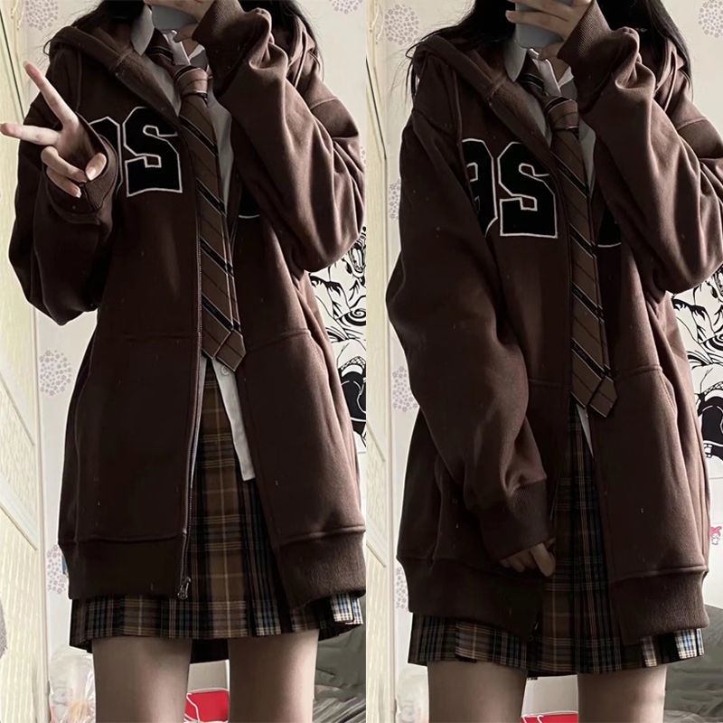 Áo Khoác Có Mũ Trùm Dáng Rộng Khóa Kéo Thời Trang Xuân Thu Mới