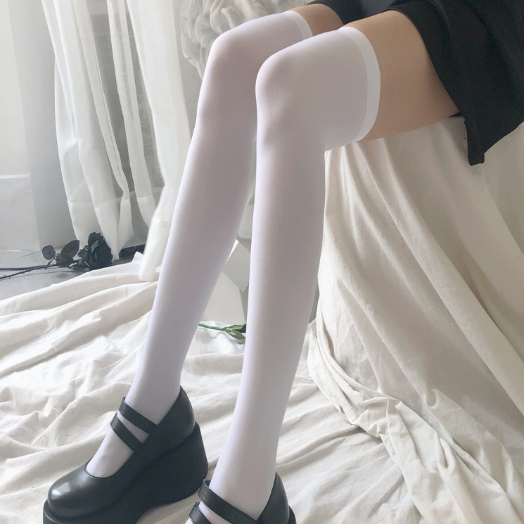Tất dài qua đầu gối màu trơn bằng cotton mỏng phong cách Nhật Bản quyến rũ cho nữ