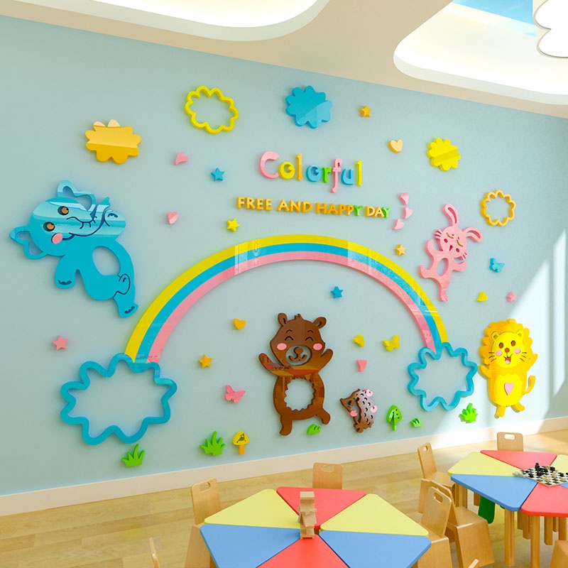 Tranh dán tường mica 3d decor khổ lớn ngày hạnh phúc trang trí mầm non, phòng cho bé Nhiều Size - EPeBen