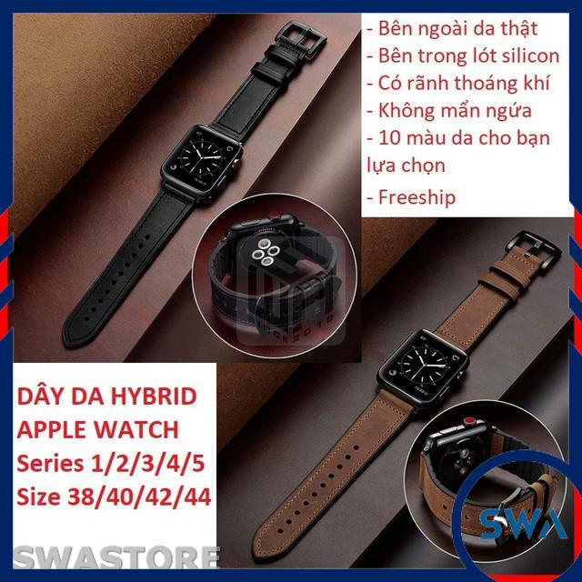 [Da thật] Dây da Apple Watch series 1/2/3/4/5 kiểu hybrid da lót silicon mát da tay, SWASTORE