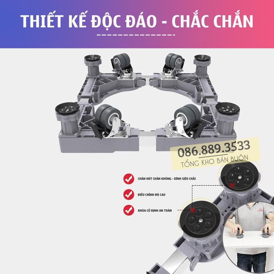 #MG4T4B / Chân Kệ Máy Giặt - Tủ lạnh ErgoTek 4 TRỤ 4 BÁNH - Chân Máy Giặt Cao Cấp - Điều Chỉnh Kích Thước - Độ Cao