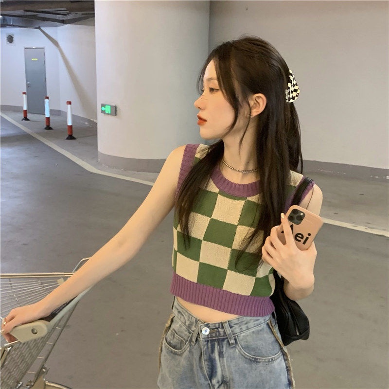 Áo Sweater Không Tay Họa Tiết Sọc Caro Màu Sắc Phong Cách Retro Hàn Quốc