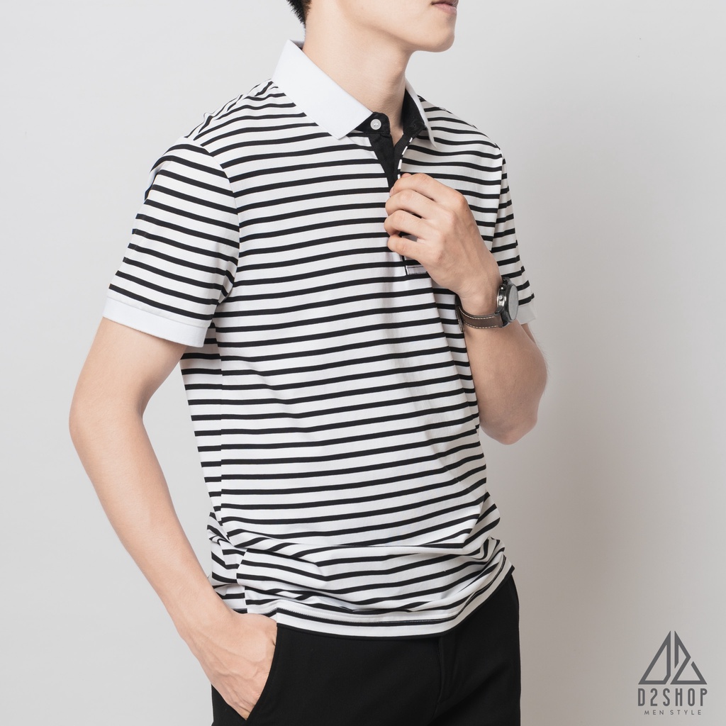 Áo thun polo nam D2shop, áo polo nam sọc ngang, màu trắng