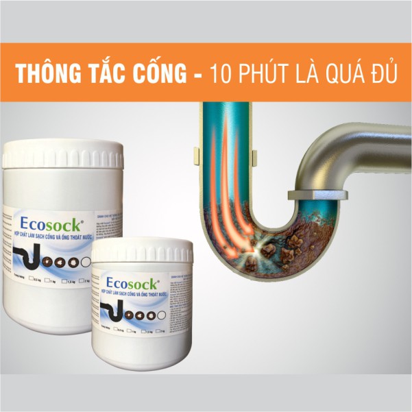 Bột Thông Tắc TỨC THỜI EcoClean EcoSock 500g - Phân Hủy Tóc, Dầu Mỡ, Thức Ăn, Chất Thải