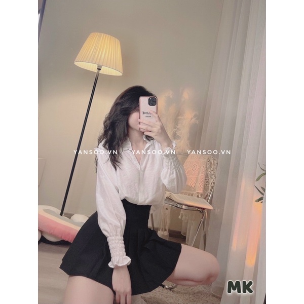 Áo somi trắng cổ bèo tay bo chun full size SML hàng đẹp chất tơ tằm xuất mát dịu by YANSOO