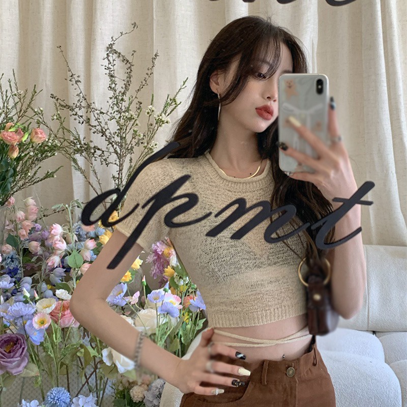 Áo Thun Lửng Tay Ngắn Cổ Tròn Lưng Thắt Dây Thời Trang Cho Nữ