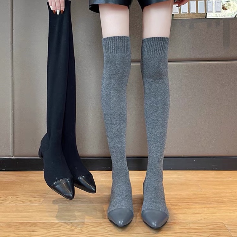 Bốt đùi len cho nữ ôm sát chân mũi da nhọn gót vuông cao 4cm