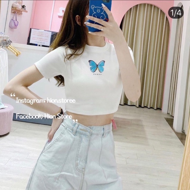 Áo thun lụa croptop in bướm trendy lắm nhé