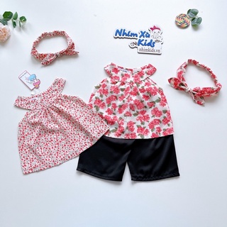 Lẻ size set yếm hoa + quần ống suông voan pháp cho bé gái 4-18kg