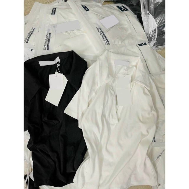 Áo Polo Cổ Tim Cộc Tay Nữ - Phông tay lỡ dáng ôm body, thun trơn cổ chữ V thiết kế basic style Ulzzang *