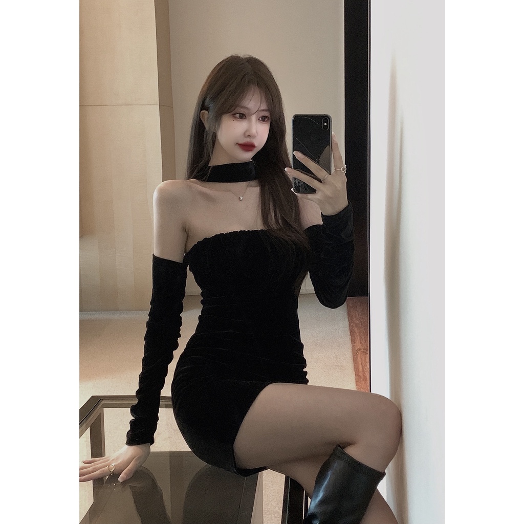 DUNEA Đầm Nhung Trễ Vai Có Tay Tháo Rời Thời Trang Sang Trọng Cho Nữ