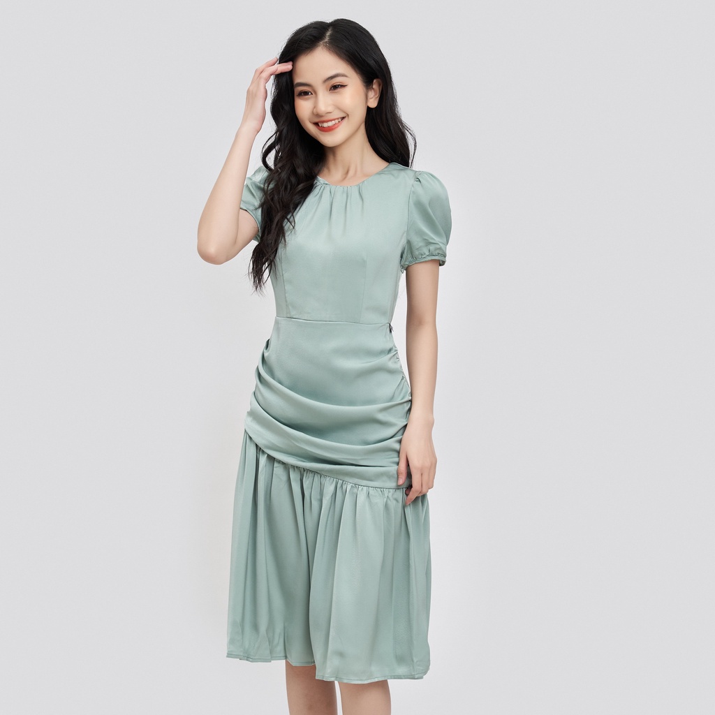 Váy đuôi cá dài tay bồng xếp ly nhún eo HECCI xanh ngọc cao cấp V96