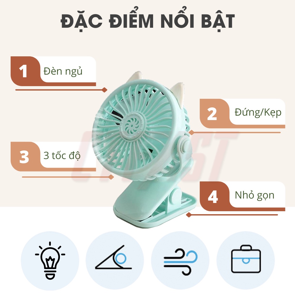 Quạt mini tích điện cầm tay hình mèo CTFAST, thiết kế dạng kẹp, điều chỉnh 360 độ, pin sạc 1200mAh