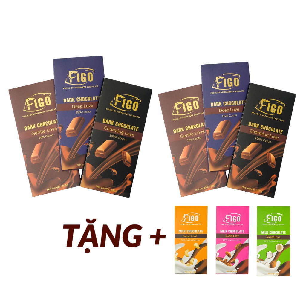 [TẶNG 3 HỘP SOCOLA SỮA 50G] Combo 6 hộp Socola đen 100%, 85%, 70% 100g FIGO