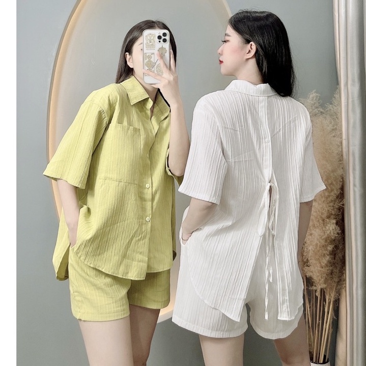 Set bộ nữ áo cổ sơ mi tay ngắn xẻ sau buộc dây mix quần chất đũi 4012308
