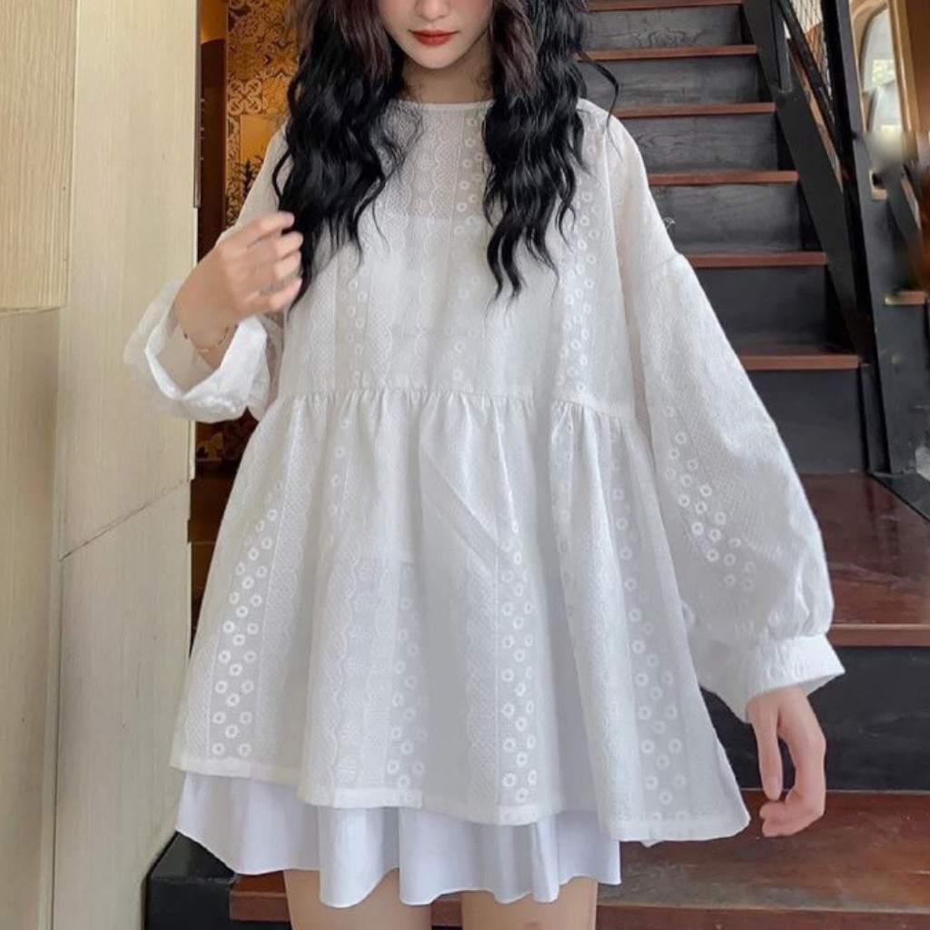 Áo babydoll hoa nhí dài tay trắng, mẫu áo hoa nhí dáng suông trẻ trung, năng động giấu bụng siêu xinh. MIALA SHOP