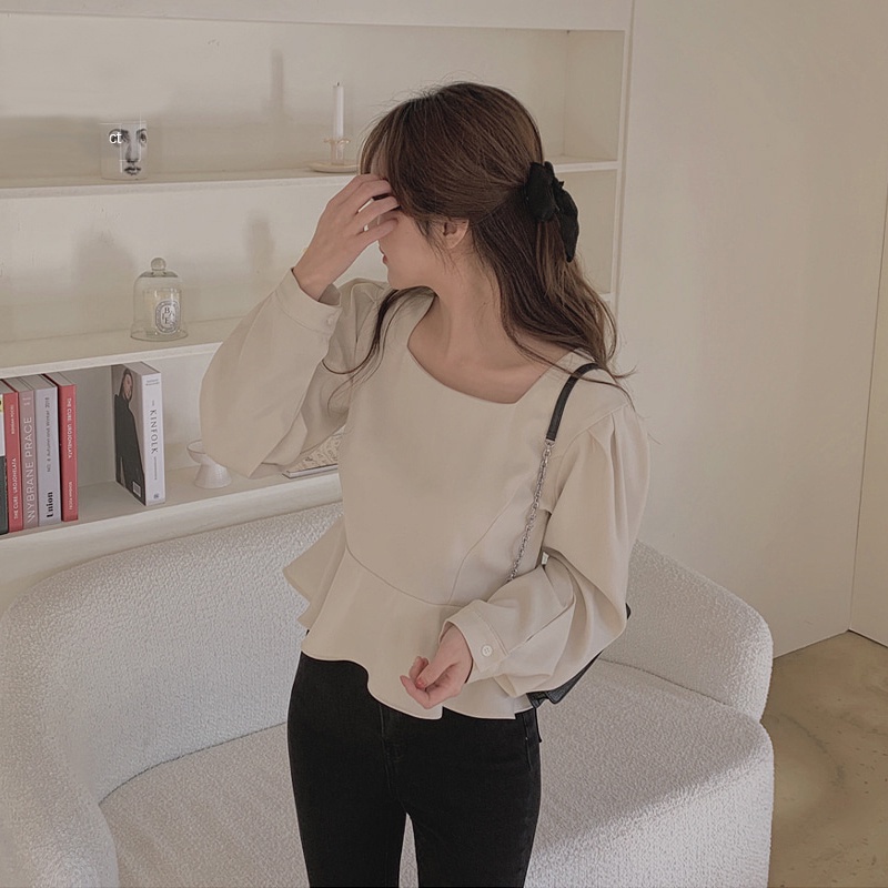 Áo tay dài SUXI cổ vuông phong cách cổ điển Hàn Quốc dễ phối đồ cho nữ