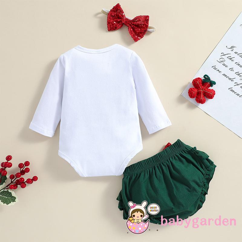 Bộ áo liền quần tay dài cổ tròn in chữ + quần short nhún bèo + băng đô đính nơ kim sa lấp lánh cho bé gái