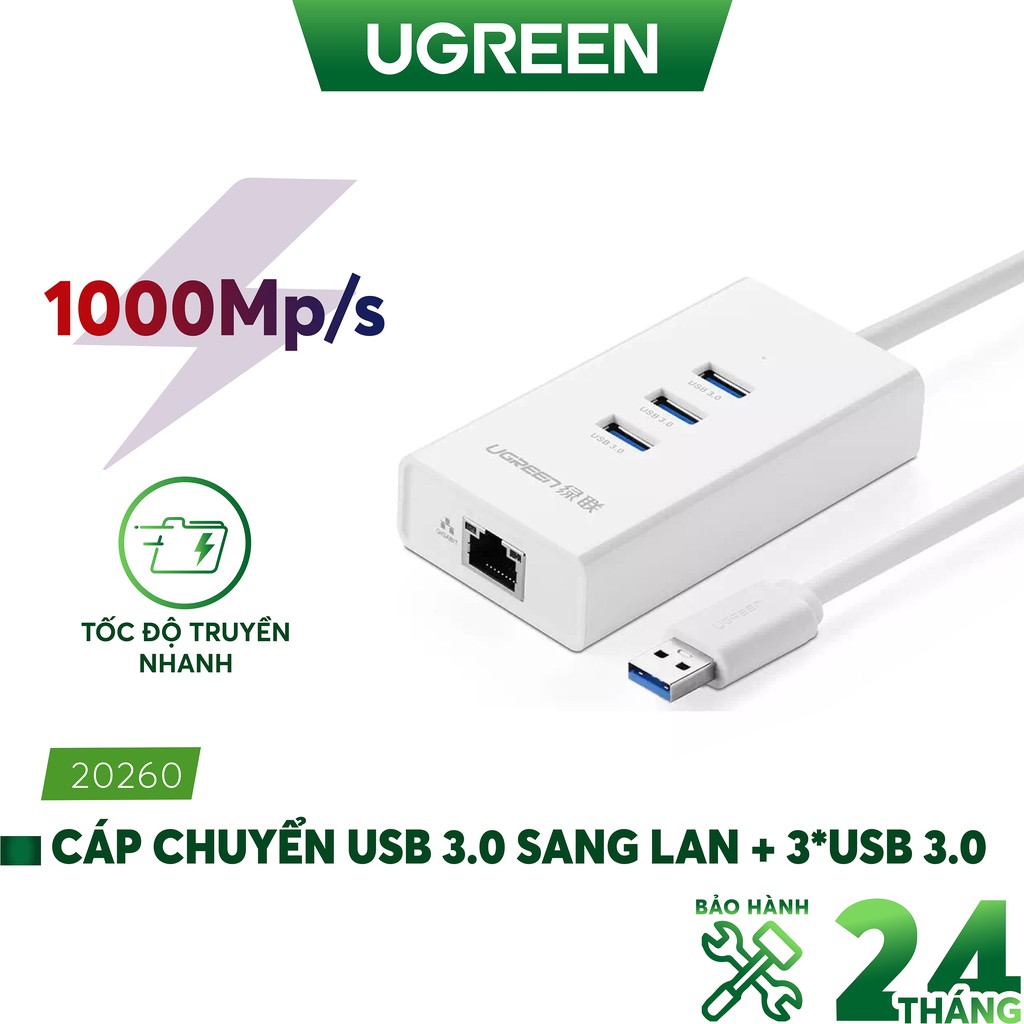 [Mã ELMALL300K giảm 5% đơn 500K] Cáp chuyển USB 3.0 to Lan Gigabit 10/100/1000Gbps + chia 3 cổng USB 3.0 Ugreen 20260