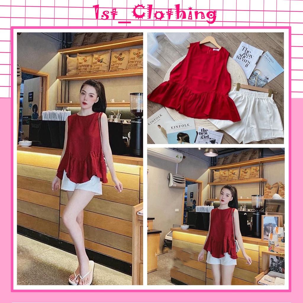 Set Áo Đũi Bèo Mix Quần Đũi Trắng Bộ Yếm Đỏ Sát Nách Nữ Thiết Kế