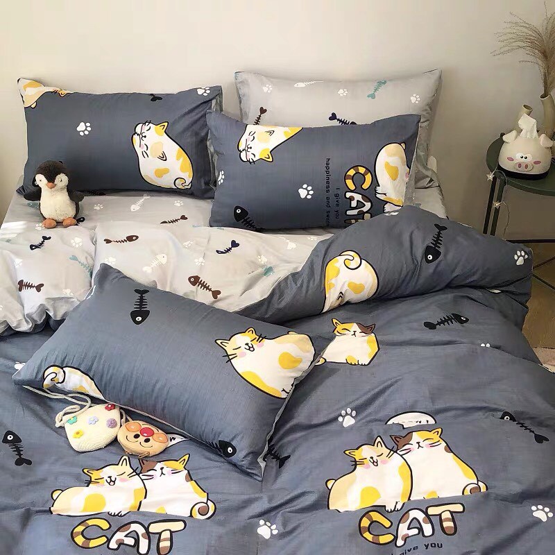 Chăn ga gối Emmibedding chất liệu cotton poly họa tiết mèo cat đáng yêu đủ size miễn phí bo chun