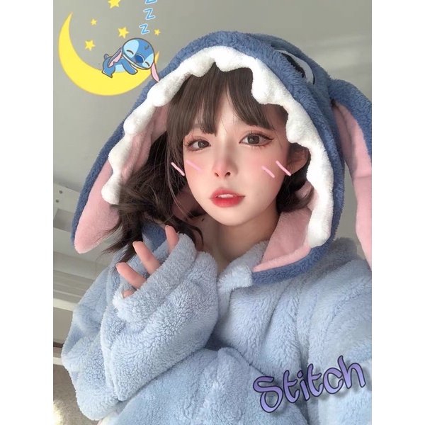 Bộ ngủ lông hình stitch đáng yêu, áo khoác lông cute mặc ở nhà siêu ấm áp