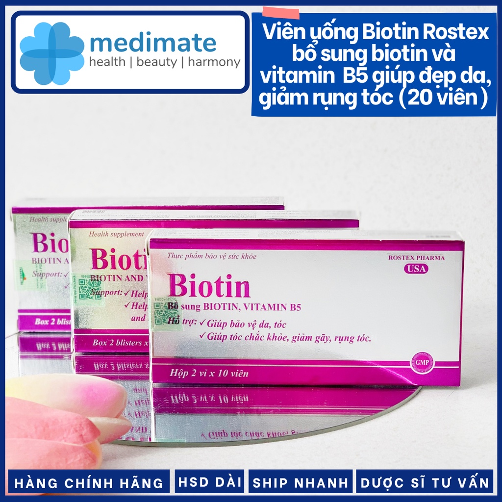 Biotin Rostex viên uống bổ sung biotin và vitamin B5 giúp đẹp da, da mịn màng, tóc dày bóng, móng chắc khỏe (20 viên)