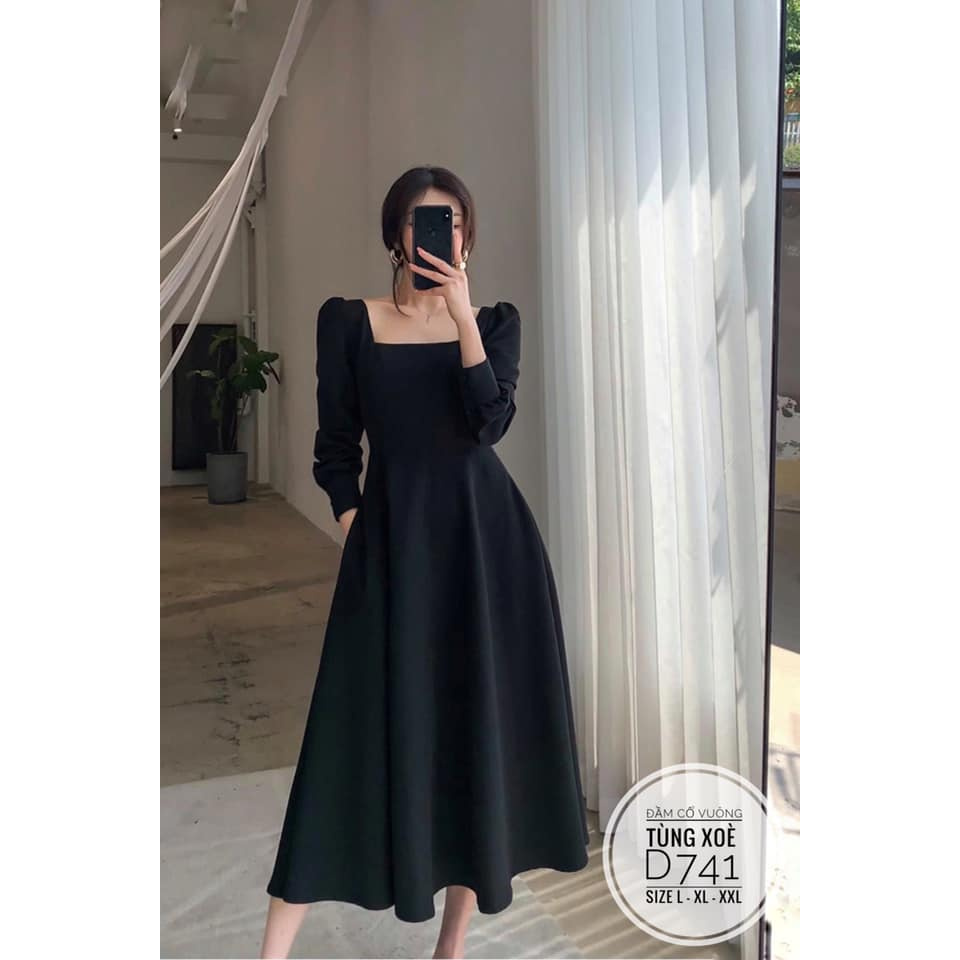(CÓ ẢNH THẬT) BIGSIZE Đầm cổ vuông tùng xoè D741 Chất liệu: vải cotton thái Màu sắc: đen