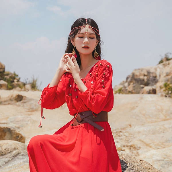 ♟Net Red Bohemian Du lịch gió quốc gia Kỳ nghỉ Đầu đỏ Triggers Supo Bông tai Đặt phụ kiện ảnh tour☃