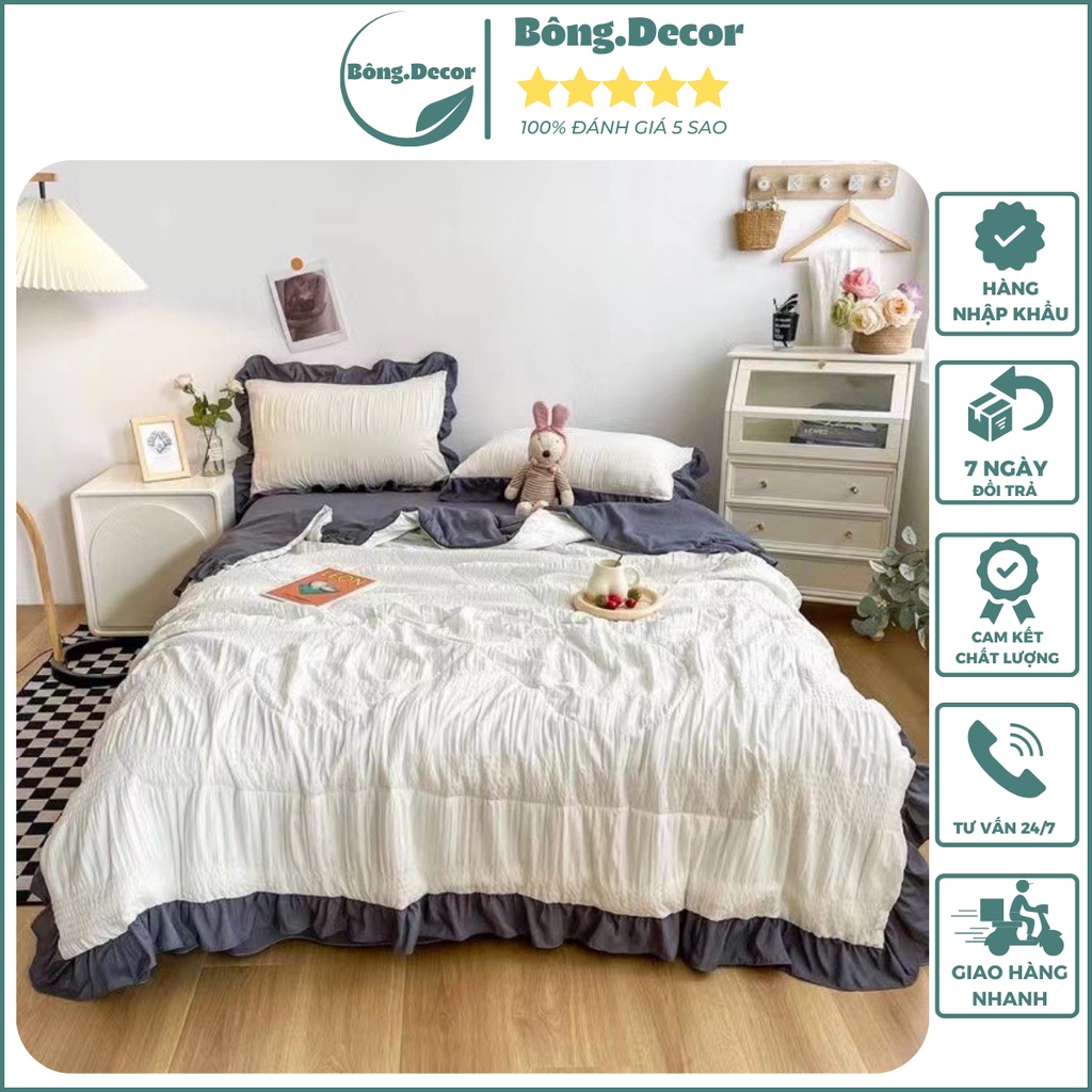 Bộ chăn ga gối cotton đũi mây riềm bèo công chúa dễ thương, trọn bộ 4 món chăn ga đũi nhập khẩu cao cấp miễn phí bo chun