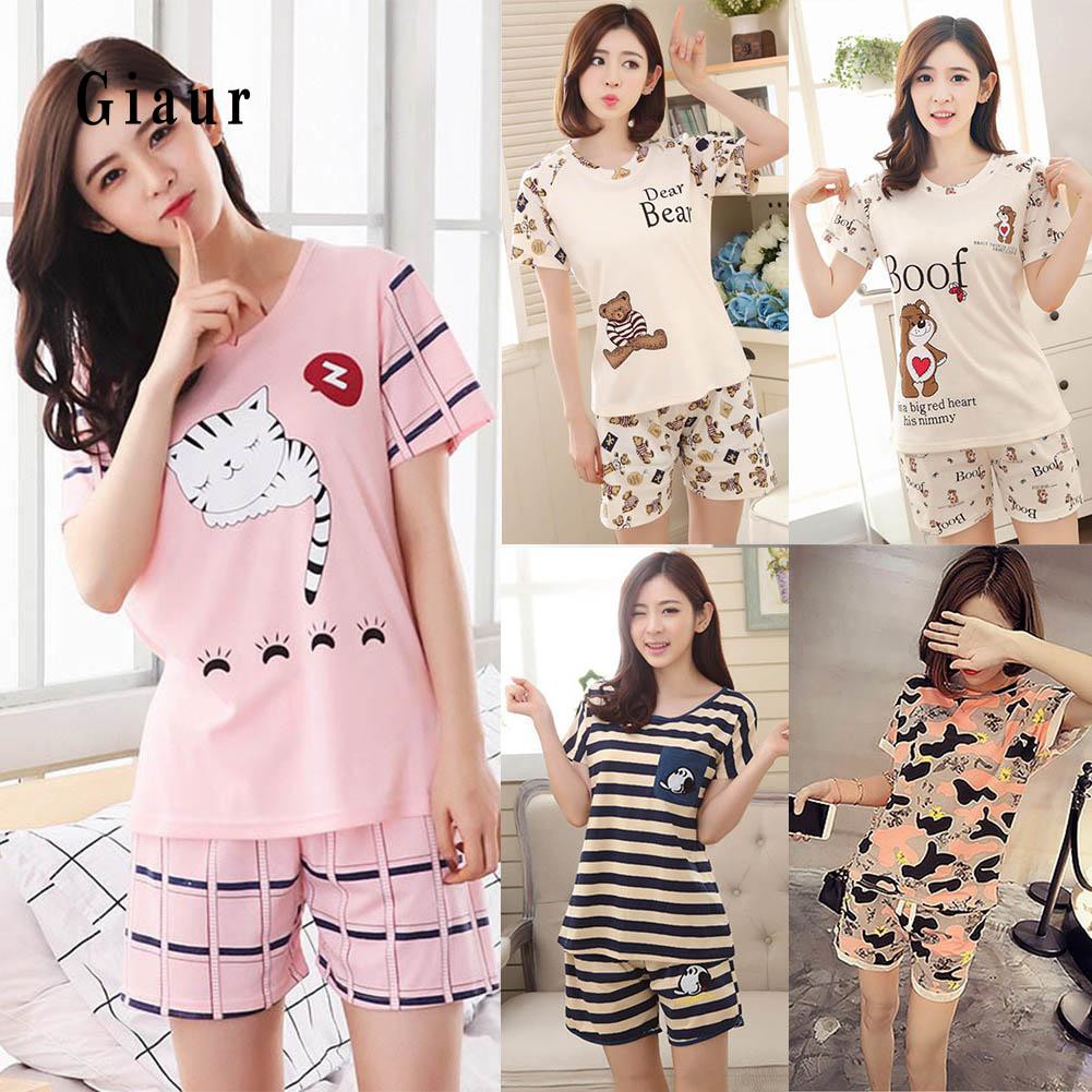 Set đồ ngủ ngắn in hình hoạt hình dễ thương cho nữ