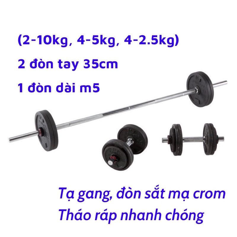 Combo 50kg Tạ Tay Kết Hợp Tạ Đẩy ( 50kg Tạ Gang , 2 Đòn Tay 35cm, 1 Đòn Dài 1.5m ) Tặng Găng Tay Tập Gym