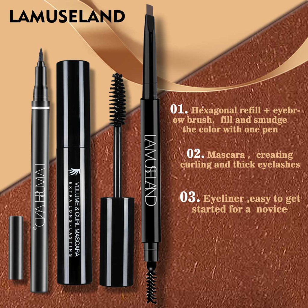 Bộ Bút Kẻ Chân Mày + Bút Kẻ Mắt + Mascara LAMUSELAND LAS203 Trang Điểm Chống Nước Lâu Trôi