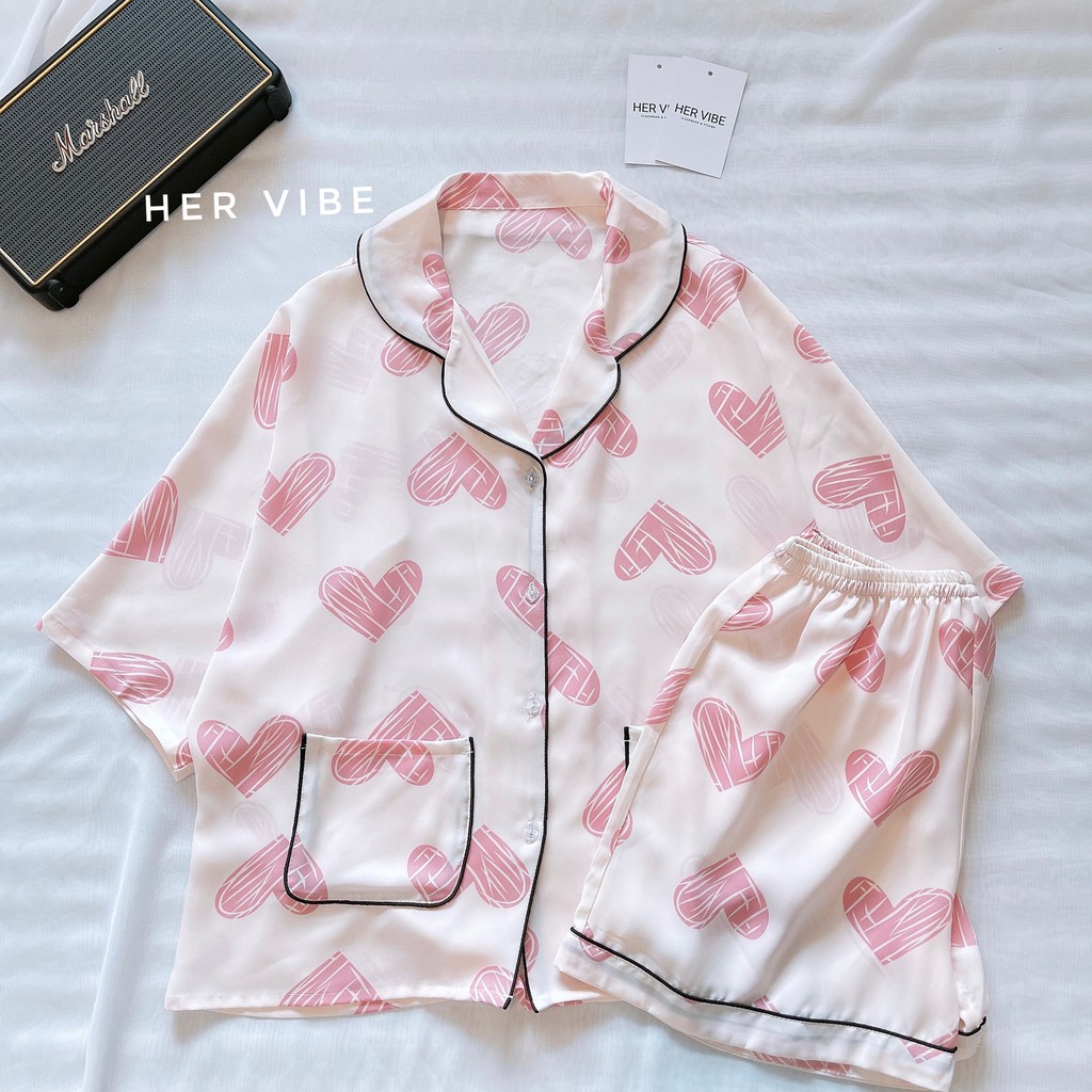 Bộ đồ pijama bộ ngủ nữ lụa đẹp set pyjama lụa nữ áo cộc quần ngắn siêu mát mềm trái tim hồng, bò sữa, da báo