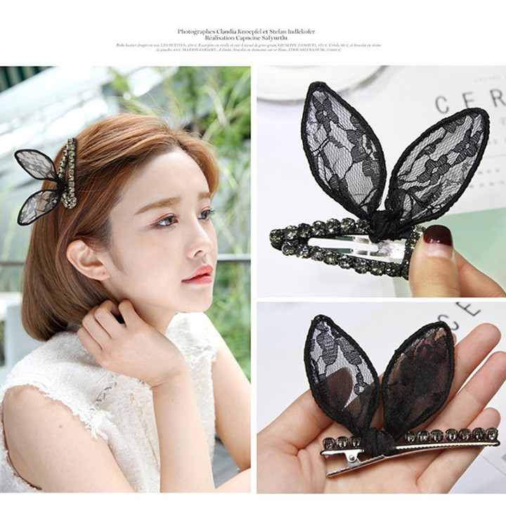 Kẹp tóc nơ ren hình tai thỏ Hàn Quốc đính đá màu đen sang trọng cổ điển - Dây chun buộc tóc co dãn youngcityshop 30.000