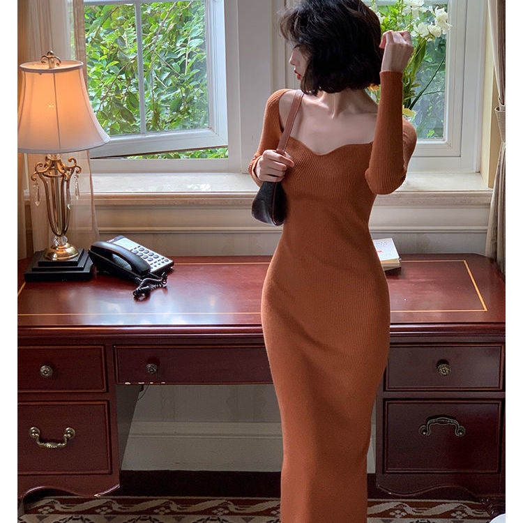 Đầm Dệt Kim Cổ Vuông Dáng Ôm Thời Trang Retro Pháp Xinh Xắn Cho Nữ