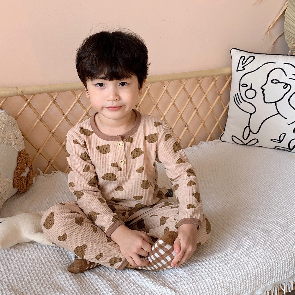 Set quần áo sơ sinh vải cotton tổ ong mặt gấu họa tiết trái tim dài tay, Bộ quần áo bé trai và bé gái mềm mại thoáng mát