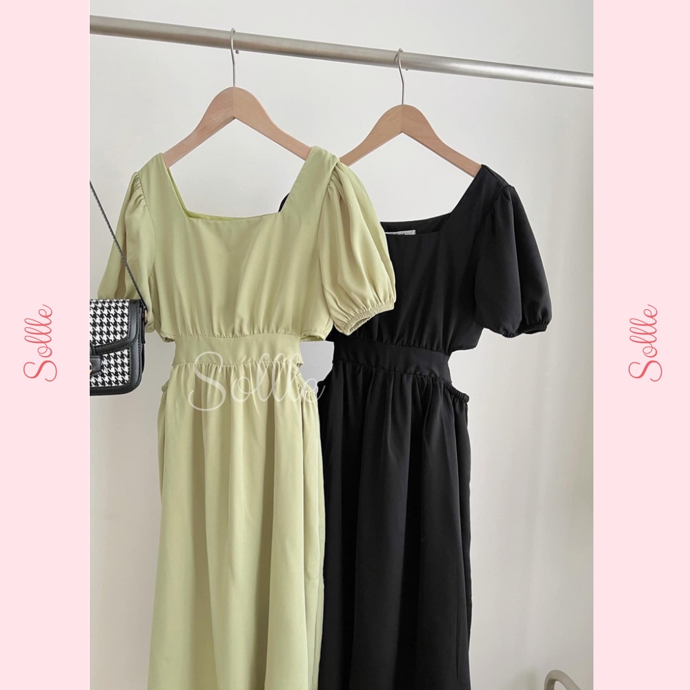 Đầm nữ khoét eo tay bồng xanh bơ Váy cutout cổ vuông hở eo thắt nơ sau dáng dài Sollle