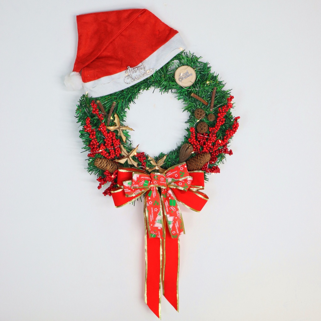 Vòng Hoa Trang Trí Noel D65 size 40cm Tặng Kèm Đèn Vòng Nguyệt Quế Giáng Sinh