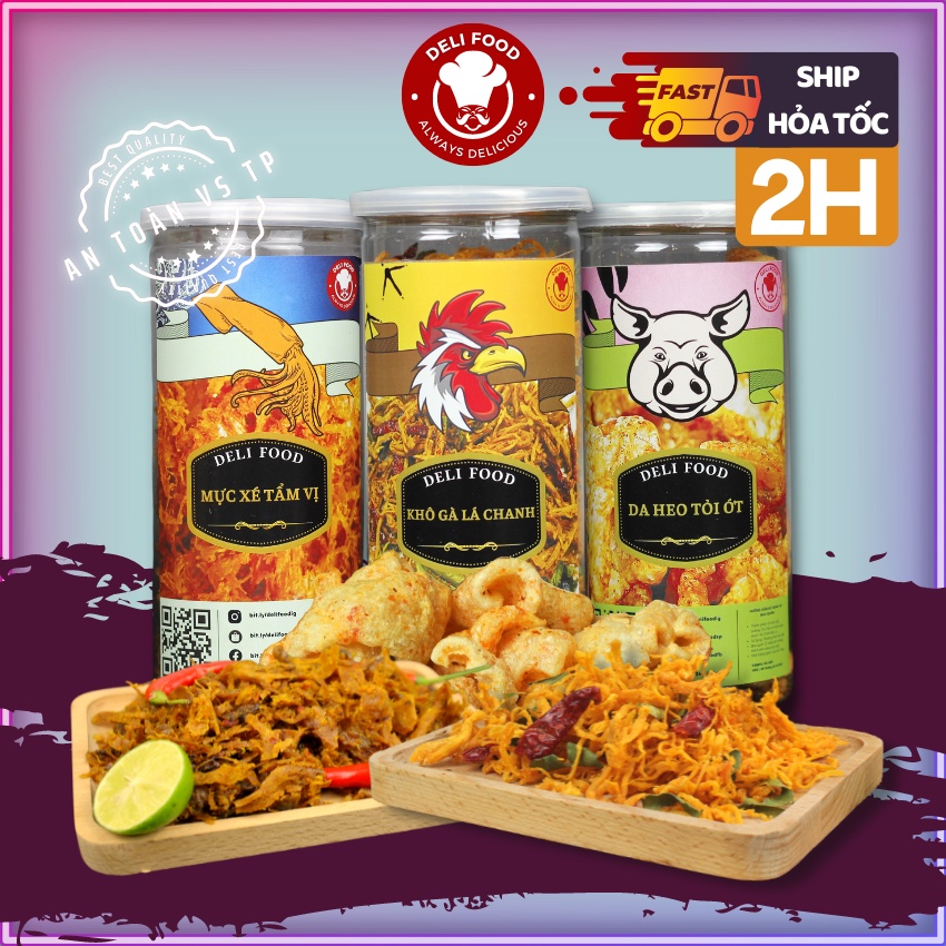 Khô gà lá chanh, Mực xé tẩm vị, Da heo tỏi ớt 700g DELIFOOD đồ ăn vặt Hà Nội chất lượng cao, thơm ngon an toàn