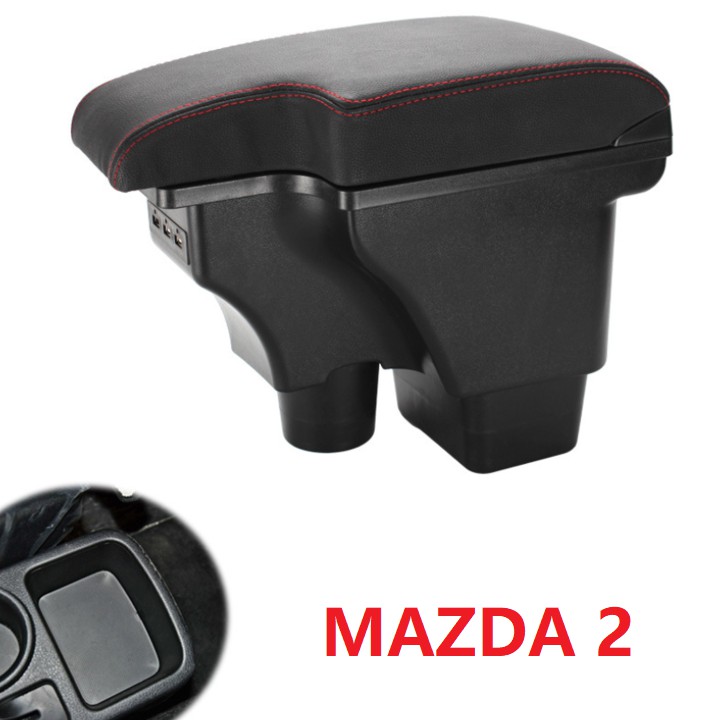 Hộp tỳ tay ô tô cao cấp Mazda 2 dạng khối tích hợp 3 cổng USB - Chất liệu: Nhựa ABS + da PU cao cấp