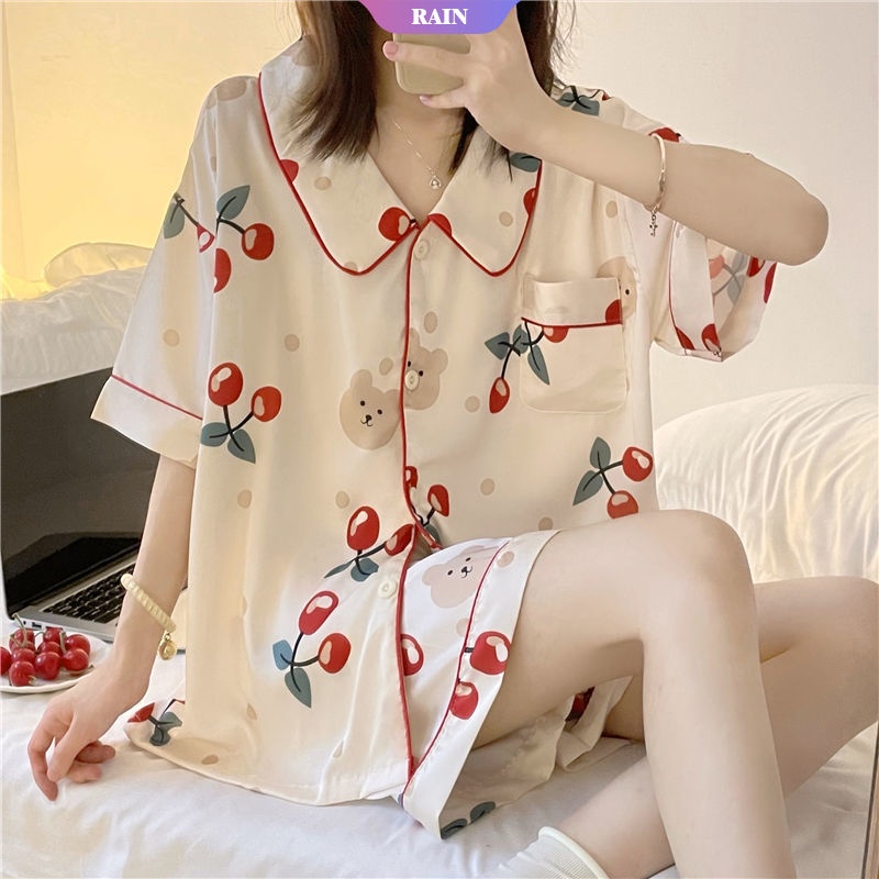 Bộ Đồ Ngủ Hai Mảnh In Họa Tiết Trái Cherry Và Chú Gấu Dễ Thương Thời Trang Mùa Hè 2022
