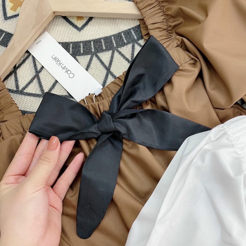 Đầm babydoll nữ -Váy trắng nữ xoè cổ vuông đính nơ chất thô mềm về đủ 2 màu