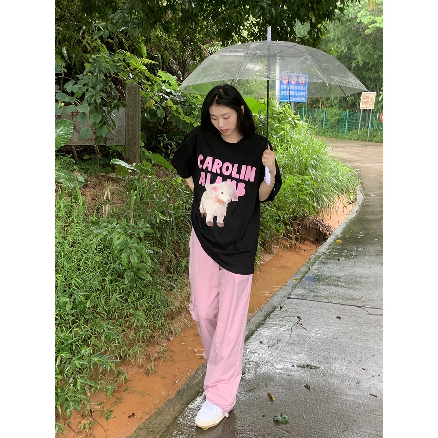 Áo Thun cotton Tay Ngắn Dáng Rộng Hở Vai In Họa Tiết Cừu Dễ Thương Thời Trang Hàn Quốc Cho Nữ