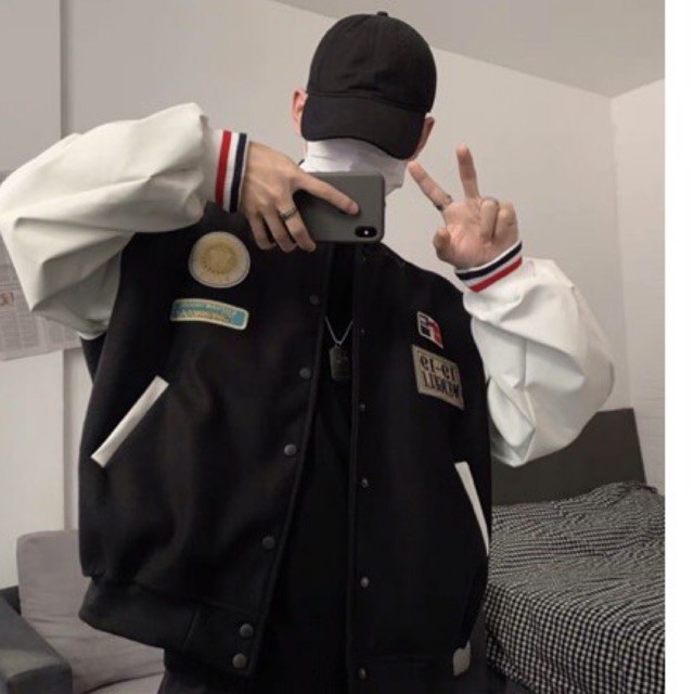 [CÓ CLIP ÁO]  ÁO BOMBER- ÁO VARSITY TAY DA MÀU ĐEN CHẤT DẠ ÉP | BigBuy360 - bigbuy360.vn