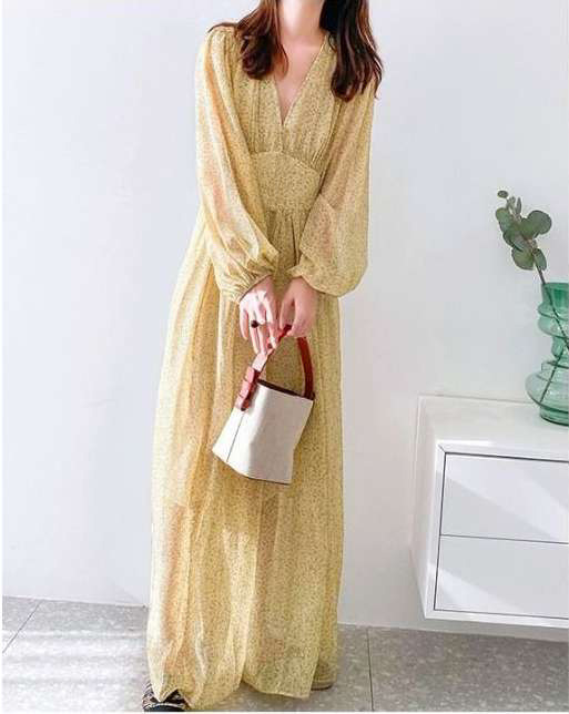 Women's Korean Mid-length Floral Chiffon Dress Long Sleeve High Waist plus Size Retro French Dresses