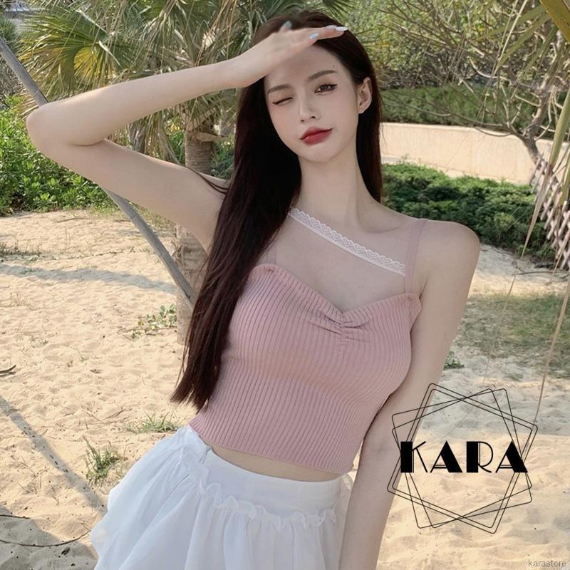 Áo Hai Dây Dệt Kim Cổ Chữ V Phối Ren Thời Trang Dành Cho Nữ