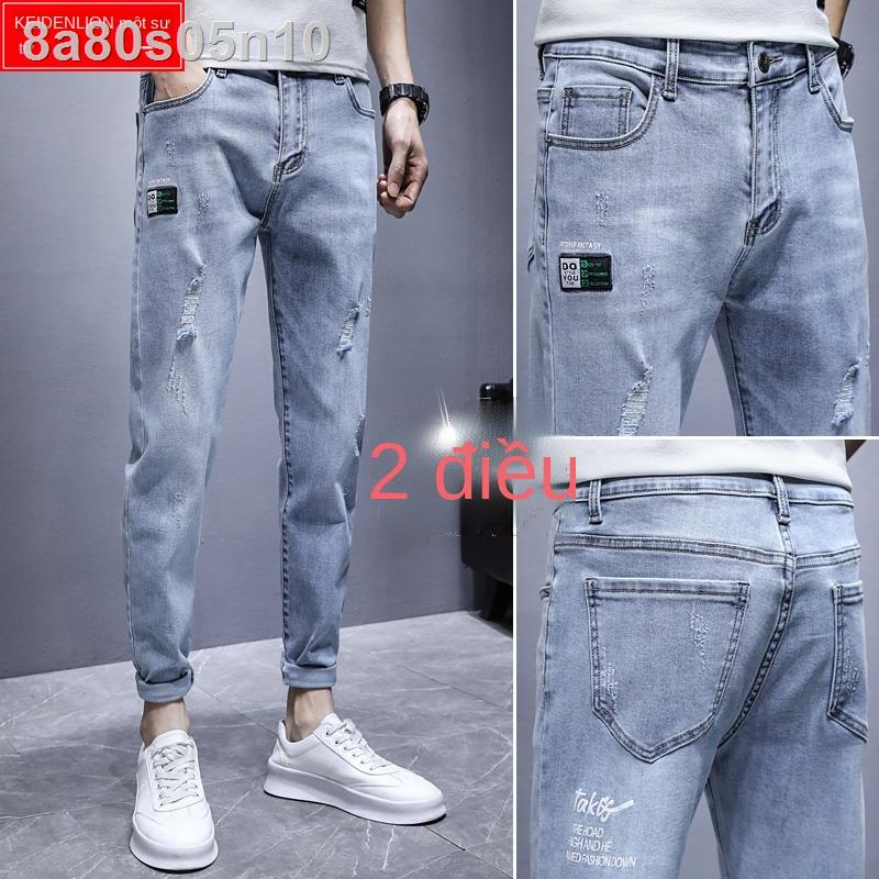 Quần jean rách gối màu sáng cho nam giới mùa thu năm 2021 phiên bản mới của Hàn Quốc xu hướng chín điểm các m